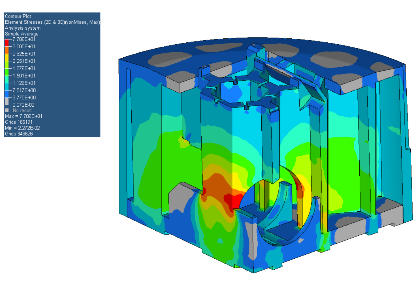 Section view of the road marker enclosure with FEM stress distribution
