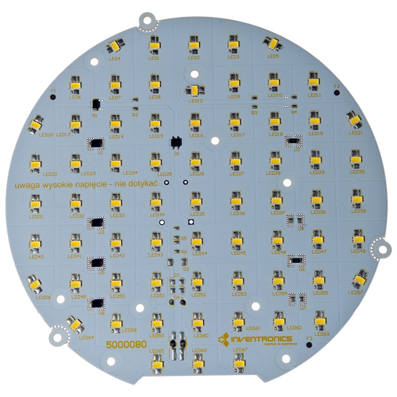 Round LED module PCB with multiple LEDs and integrated electronics