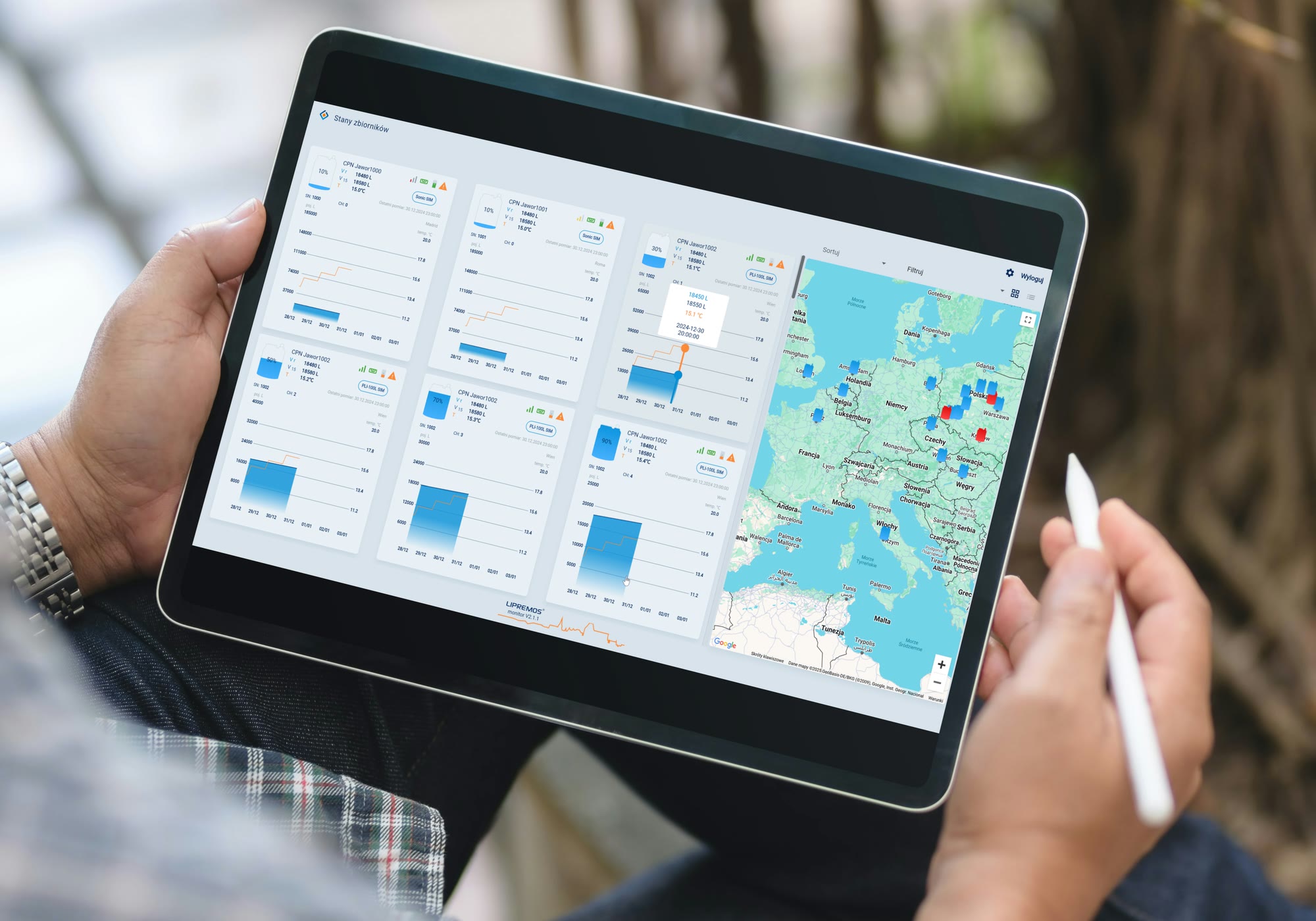 LIPREMOS telemetry dashboard displayed on a tablet